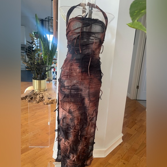 MICAS Tie Dye Distressed Mesh Bodycon Halter maxi dress - Picture 3 of 8